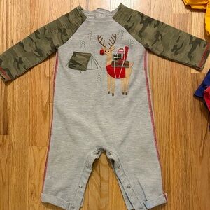 Mud Pie Grey One-Piece with Olive Camo Sleeves and Reindeer Applique